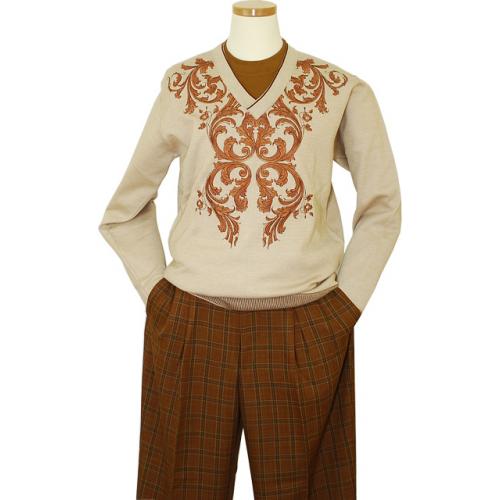 Prestige Ivory With Cognac Embroidered Paisley Design V-Neck Pull Over Knitted Sweater